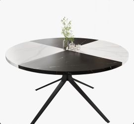 47” Faux Marble Round Dining Table for 4-6 Person, Modern Wooden Kitchen Table with Black Steel Legs, Circle Coffee Table for Kitchen, Diner Room, Bla