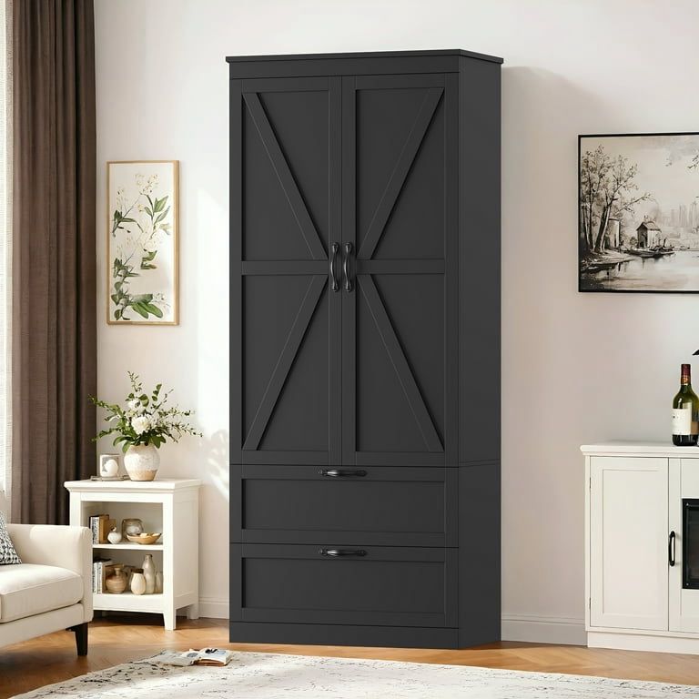 70'' Tall Kitchen Pantry with Shelf & Drawer, Farmhouse 2 Door Pantry Storage Cabinet for Dining Room Living Room, Black