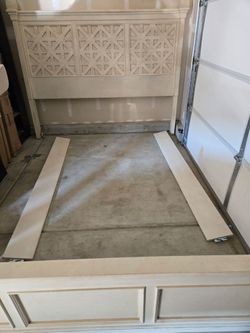 White Wood Bed Frame with Geometric Headboard