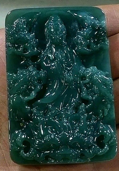 Burmese icy type A jadeite jade pendant lucky Peaceful Kwanyin nine Dragon.