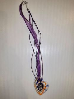 Glass Heart Pendant Necklace Purple Ribbon Cord
