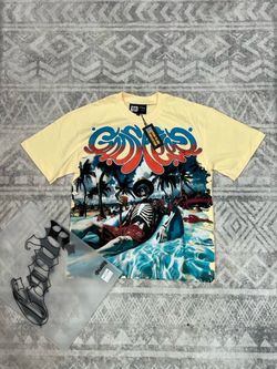 Godspeed yellow skeleton graphic tee with palm trees and water