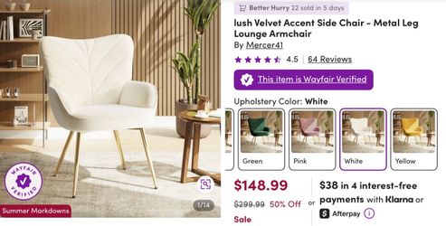 lush Velvet Accent Side Chair - Metal Leg Lounge Armchair