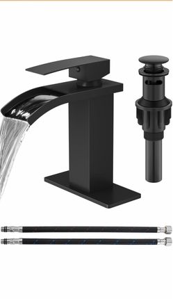 Matte Black Waterfall Bathroom Faucet 1-Handle Vanity Faucet Stainless Steel Modern Bathroom Sink Faucet,Pop-Up Drain, Supply Lines 6-in Deck Plate, 1