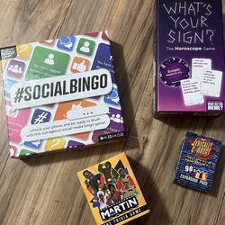 Lot of 4 Card Games Social Bingo, Martin, Lyrically Correct, and The Horoscope Game