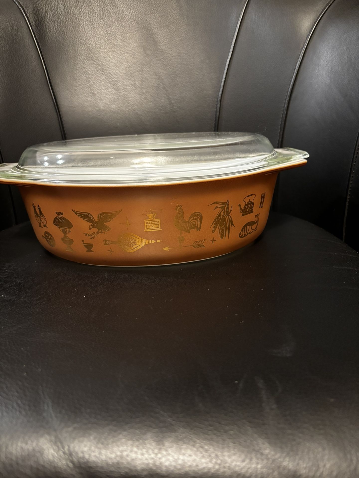 Pyrex Early American Oval Dish 60s Brown Copper Color With 22k Gold Leaf W Lid