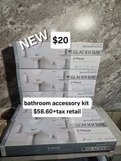 New 3 pc brushed nickel bathroom accessory kit $58.60+tax retail