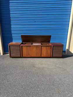 Mid Century Modern Walnut 3 Piece Record Console With Matching Speakers By Barzilay