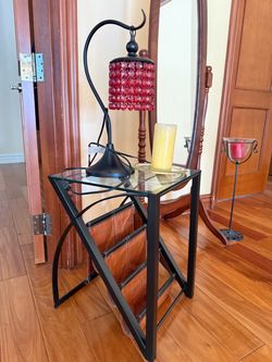 Black Metal Glass Top Side Table with Magazine Rack