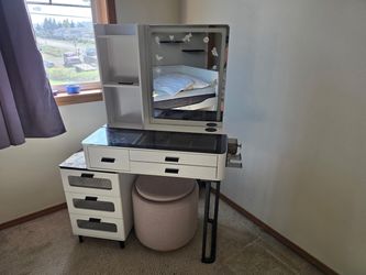 White Vanity Desk with Lighted Mirror and Drawers