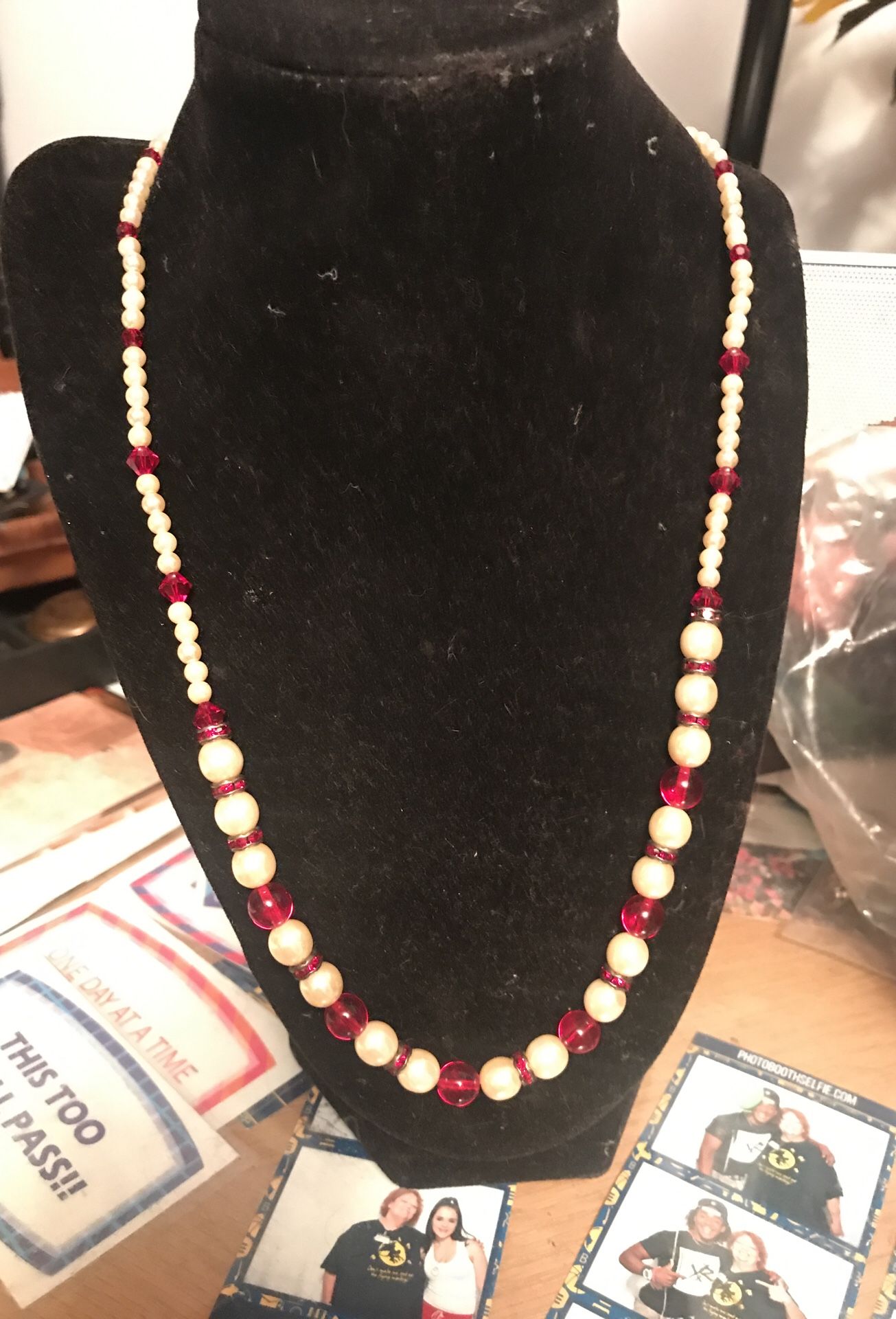 24” pearls and red beads and red crystals