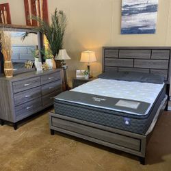 4 PCS QUEEN BEDROOM SET: QUEEN BED FRAME, NIGHTSTAND, DRESSER, MIRROR