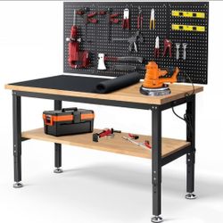 ☆ ENJOYWOOD 60" x 22" Heavy Duty Workbench Adjustable Height Garage Work Table with Solid Rubberwood Top, Pegboard & Power Outlets for Workshop, Home 