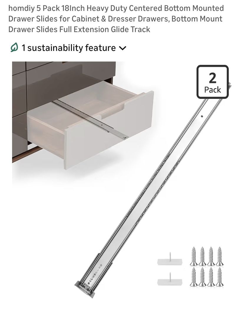 Homdiy 2pc per 5 Pack 18Inch Heavy Duty Centered Bottom Mounted Drawer Slides - NEW
