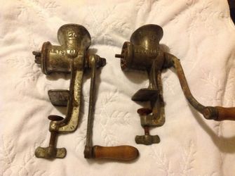 Keystone and economy antique meat grinders
