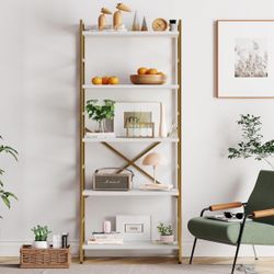 5-Tier Ladder Bookshelf / Storage Shelf – White Shelves + Gold Frame (New in Box)