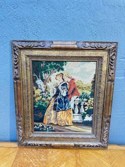 Vintage Framed Needlepoint Tapestry Romantic Courting Couple Scene Wall Art