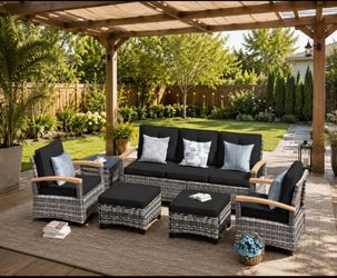 6 Pieces Patio Furniture Sets,Wicker Patio Conversation Sets with 2 Wood Armrests Swivel Glide Chairs, 2 Ottomans for Deck Yard and Poolside (Black