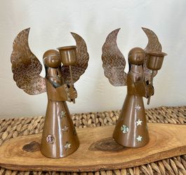 Vintage Set 2 mid-century Mexican folk art copper Candle Stick holders Signed Angle Sculptures Table Decor Centerpiece Mother Of Pearl