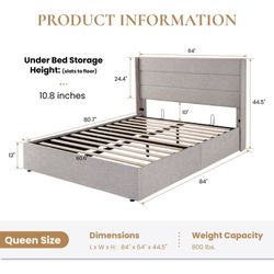 Queen Size Beige Linen Liftop Bed frame