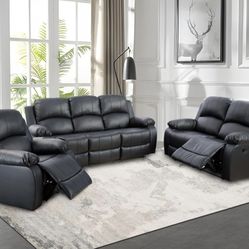 Black Leather Fully Reclining Three Piece Couch Set