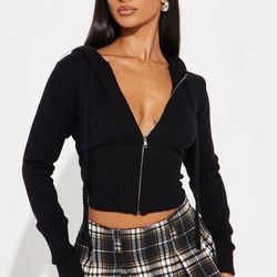 Fashion Nova Black Knit Hooded Full Zip Cardigan Sweater Long Sleeve M