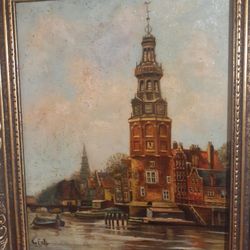 A Very nice Antique Dutch Oil Painting On Canvas Of Montelbaars Toren Amsterdam Holland. Comes with A Nice Baroque Frame 14" Wide 16" Tall.  