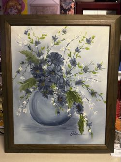 Beautiful Vintage Floral Painting - Signed "Ellen" w/ Wood Frame