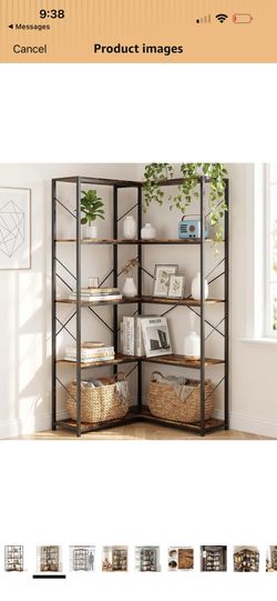 5 Tier Corner Bookshelf, L Shaped Bookcase with Metal Frame, Industrial Corner Shelf Storage Rack, Large Open Display Bookshelf for Living Room, Bedro