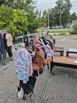 Handbags and tuffle bags, backpacks, lunch bags a i have a rack outside of grandma's warehouse for my clearance event. $5 per backpacks, handbags, lun