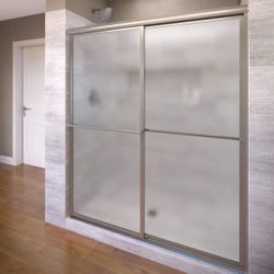 Basco Deluxe Framed Sliding Shower Door, Fits 45-47 inch opening, Obscure Glass, Brushed Nickel Finish