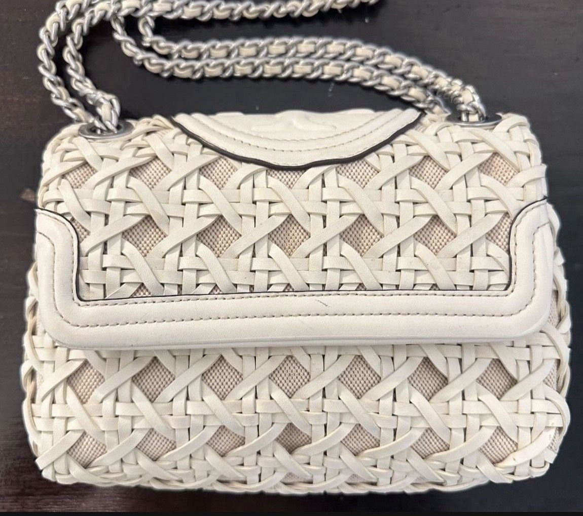 Tory Burch Ivory Soft Fleming Basket Weave Small Convertible Bag