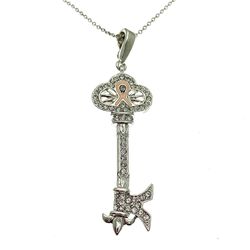 Kenneth Jay Lane Skeleton  Key Pendant Chain Necklace - Silver Tone Pink Ribbon Breast Cancer Awareness Jewelry  - Retro Vintage Designer Jewelry