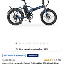 Concord 20" Urbanfold Electric Folding Bike, 36V, Class 2, Blue, Fits Riders 4'11" - 6'2", Adult