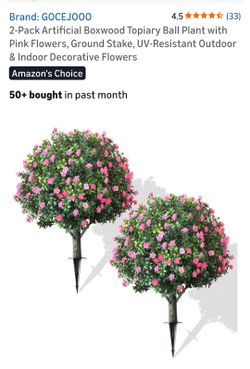 2-Pack Artificial Boxwood Topiary Ball Plant with Pink Flowers, Ground Stake, UV-Resistant Outdoor & Indoor Decorative Flowers