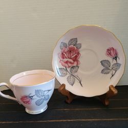 Vintage Colclough Pink Bone China Tea Cup And Saucer Red Rose 8022