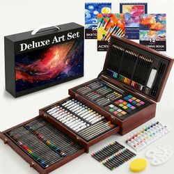 194pcs Deluxe Art Set, Acrylic Paints, Crayons, Colored Pencils Set In Wooden Case, Painting Drawing Art Supplies With 4 Drawing Pads, Art Kit Gift Bo
