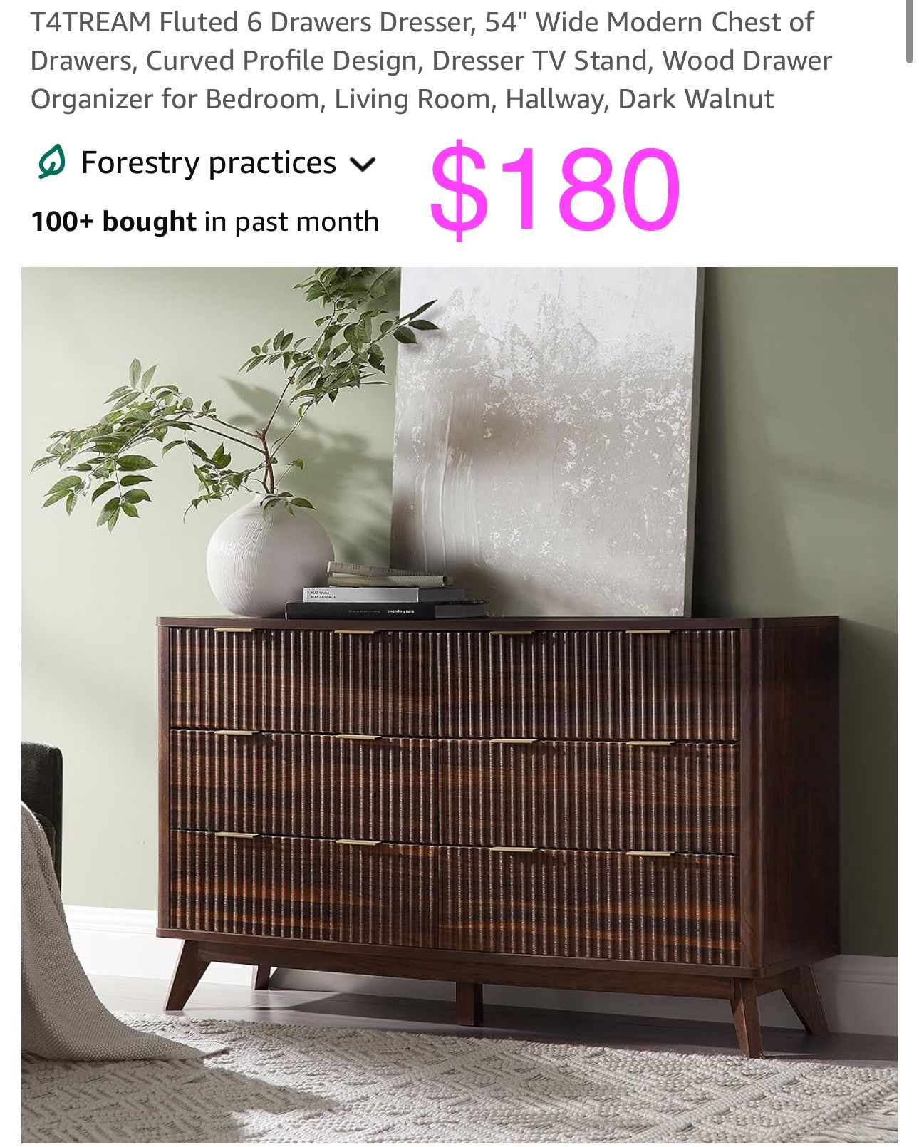 Fluted 6 Drawers Dresser, 54" Wide