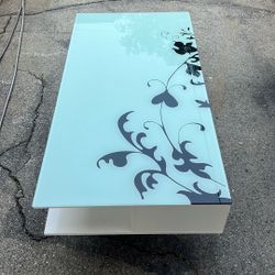 Luxury Glossy White Finish Glass Top With Floral Coffee Table  
