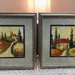  Beautiful Tuscan Villas Paintings By Artist Joanne Margosian X 2, Framed & Mated 20.5” X 20.5”