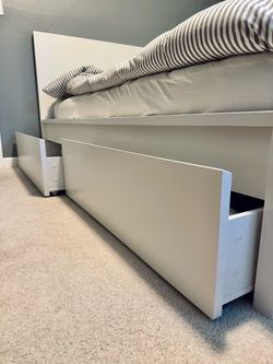 FULL Size bed - IKEA High bed frame & TWO storage boxes in white. Mattress included with luxury mattress protector