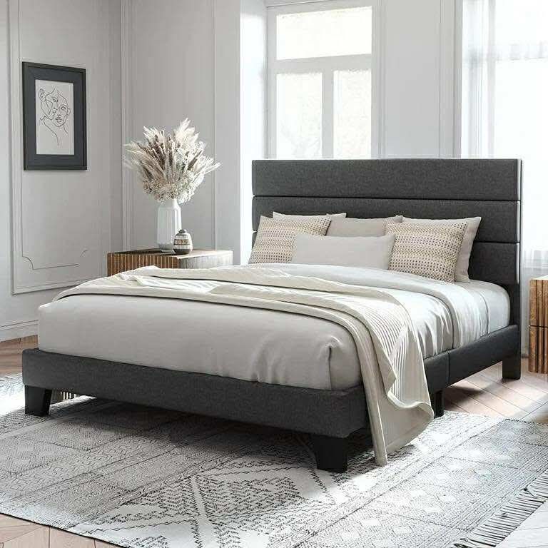Full Size Platform Bed Frame with Fabric Upholstered Headboard, No Box Spring Needed, Dark Grey