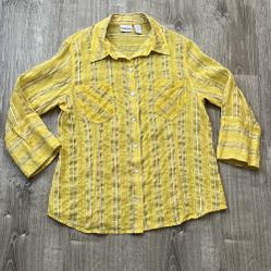 Chico’s Size 1 Medium Yellow Black White Silk Button Down Blouse Cotton Linen