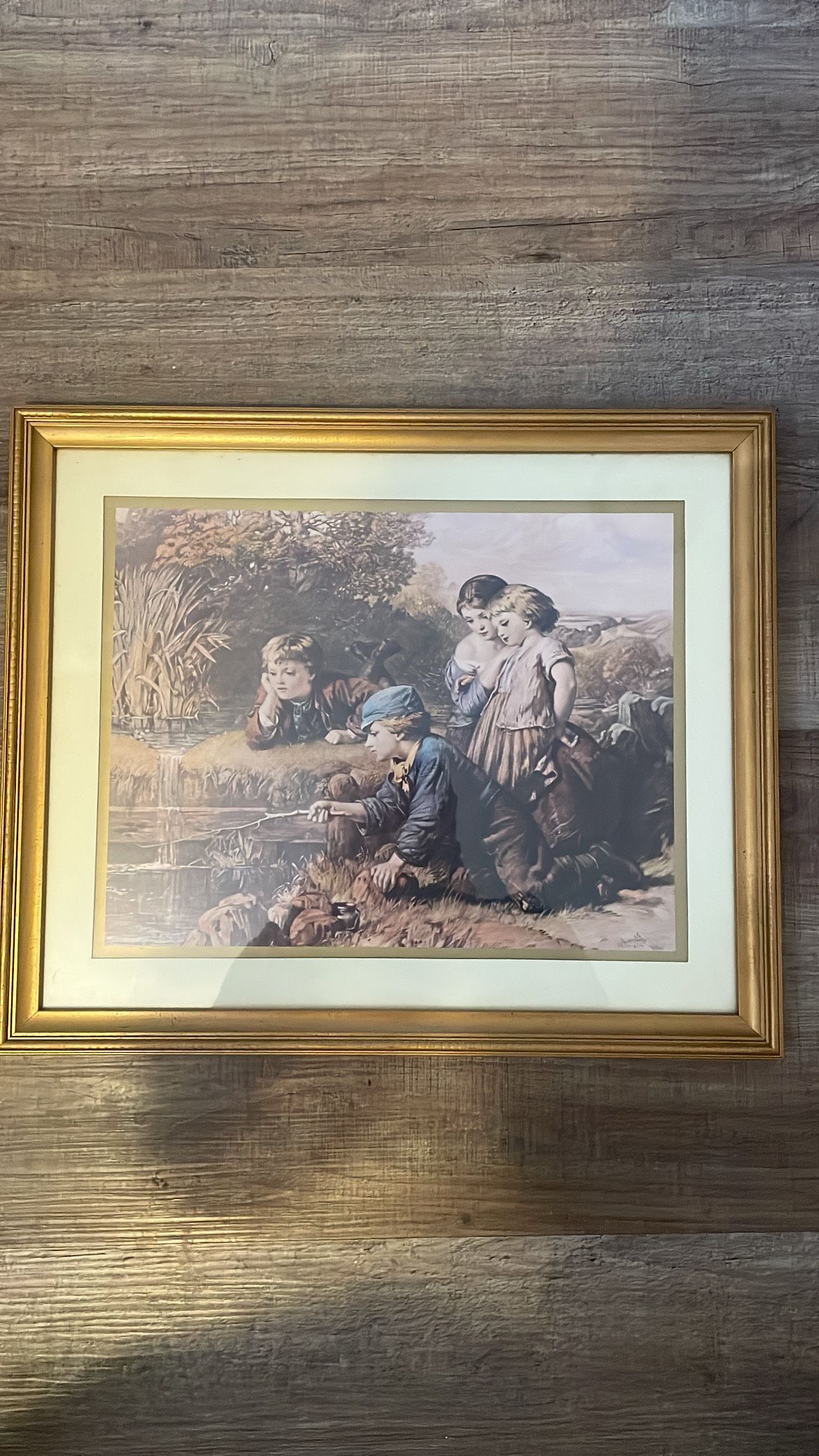 Antique Matted Framed 19x16" Lithograph Print 'Patience' by Laurah Haerlin 1879