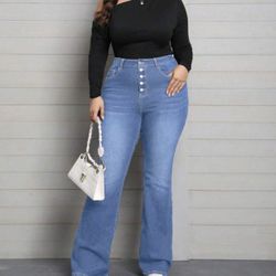 Plus Size Women Stretch Denim Pants, Multi-Button Design Skinny Flare Jeans