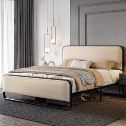 C196 $85 Full Size Metal Bed Frame with Upholstered Headboard, Beige Curved Upholstered Headboard and Footboard, Large Under Bed Storage, No Box Spri