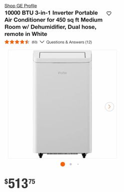 Dual Hose Inverter Portable AC with Heat, Cools 450 Sq. Ft., Remote in White