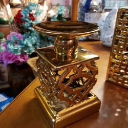 Pretty Gold Chunky Candle Holder With Cut-outs