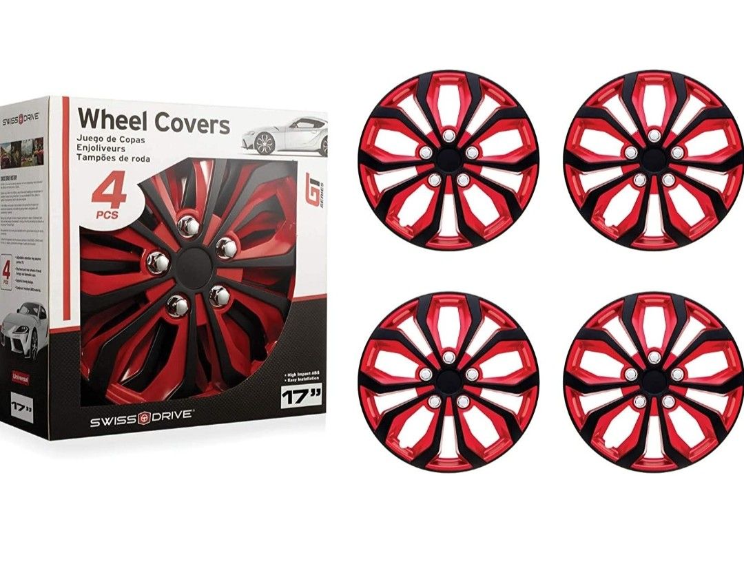 Swiss Drive Hubcap 17 Inch Set of 4 Luxurious Black and Red Design Durable and Reliable Automotive Wheels Easy to Install Car Wheel Hubcaps 17-inch
