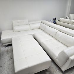 White Genuine Leather Stationary Sectional With Ottoman 